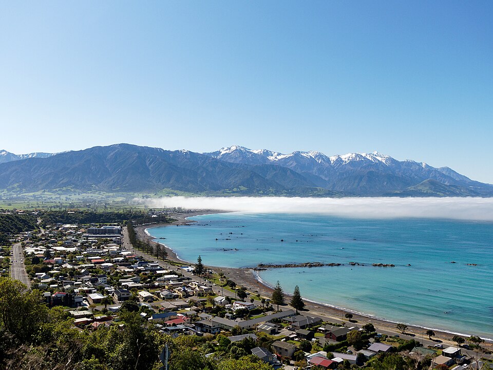 凯库拉海岸与观鲸代表景观（条目主图，非当前实况）